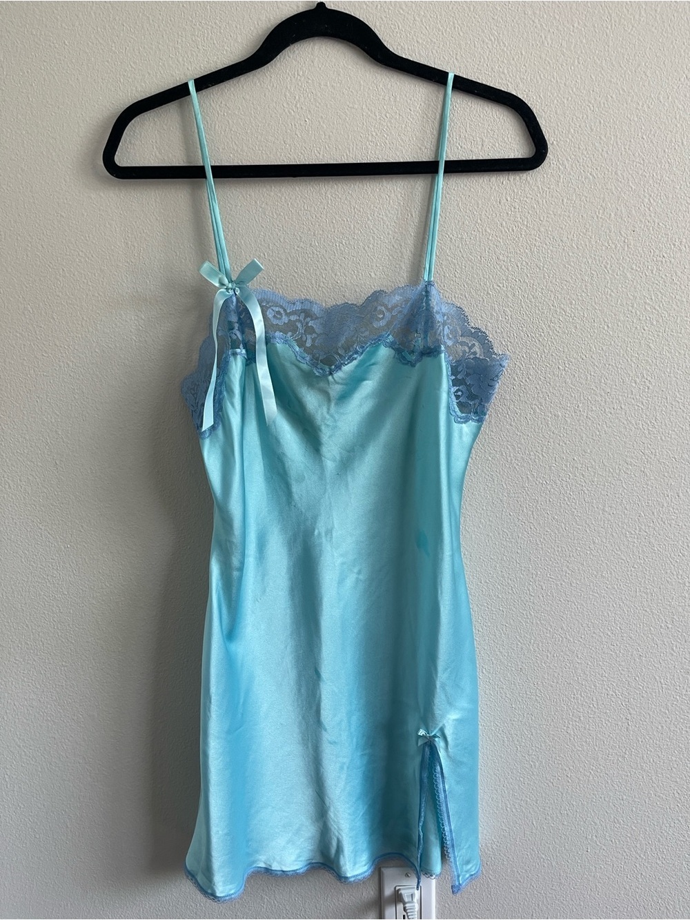 Victoria's Secret Aqua Satin Lace-Trim Slip Size M